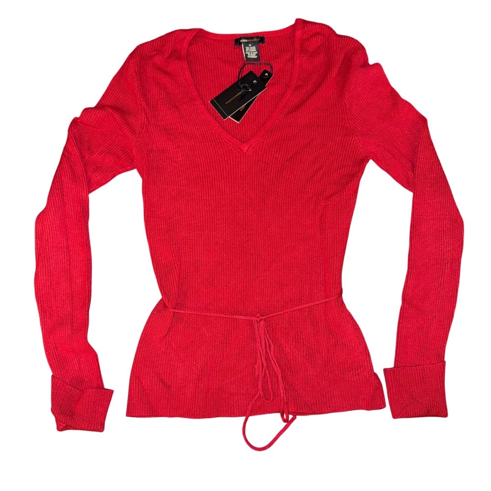 BCBGMAXAZRIA Red Ribbed V Neck‎ Long Sleeve Tie Waist Sweater Top Womens M